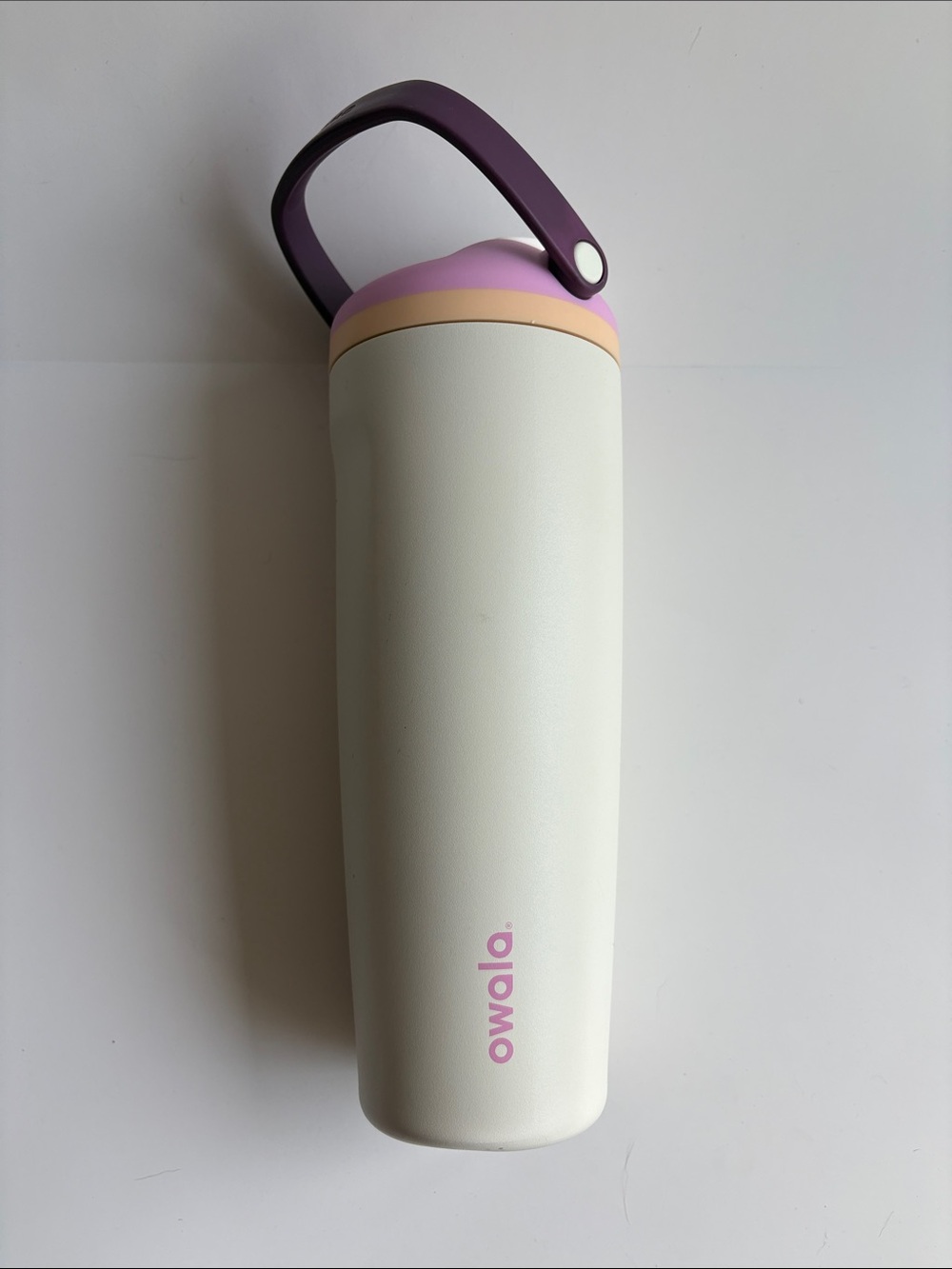 OwalaWhite Insulated Bottle with Purple Handle and Pink Trim